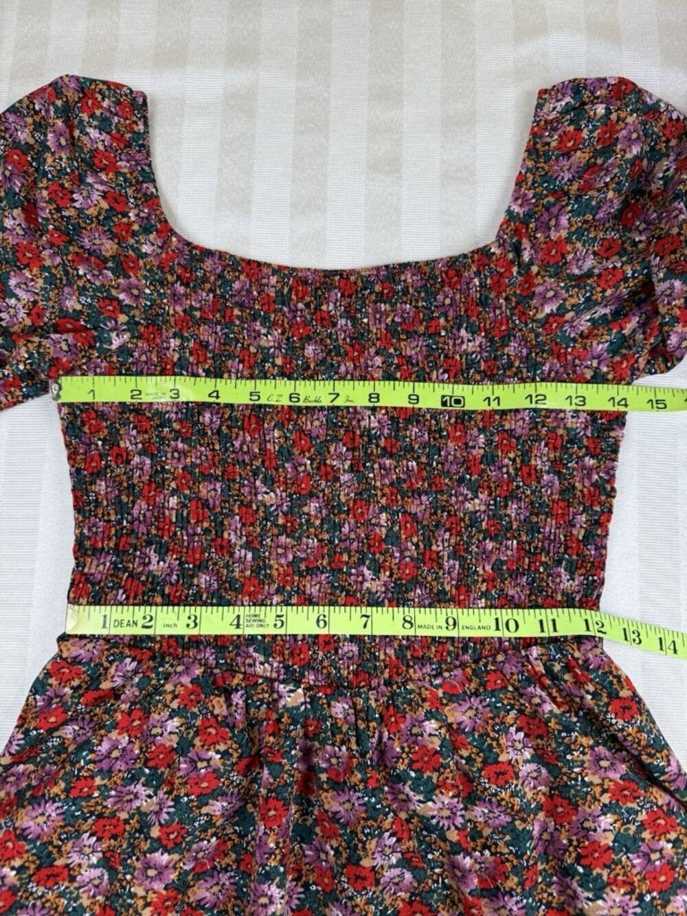 Floral Square Neck Smocked Dress 3 Ruffled Tiers SMALL, Red Lavender NWOT BTFBM - Picture 6 of 14